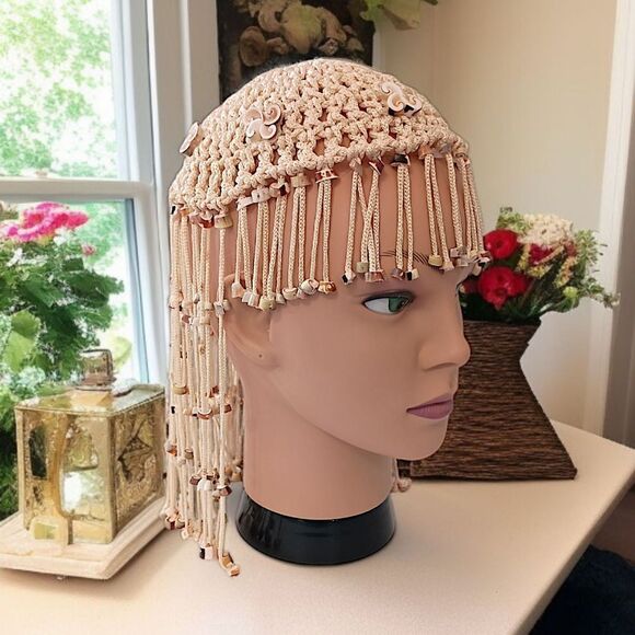 Vtg 70s Macrame Crown Headpiece Cowrie Shell Flapper Seashell Bohemian Cleopatra main image 4